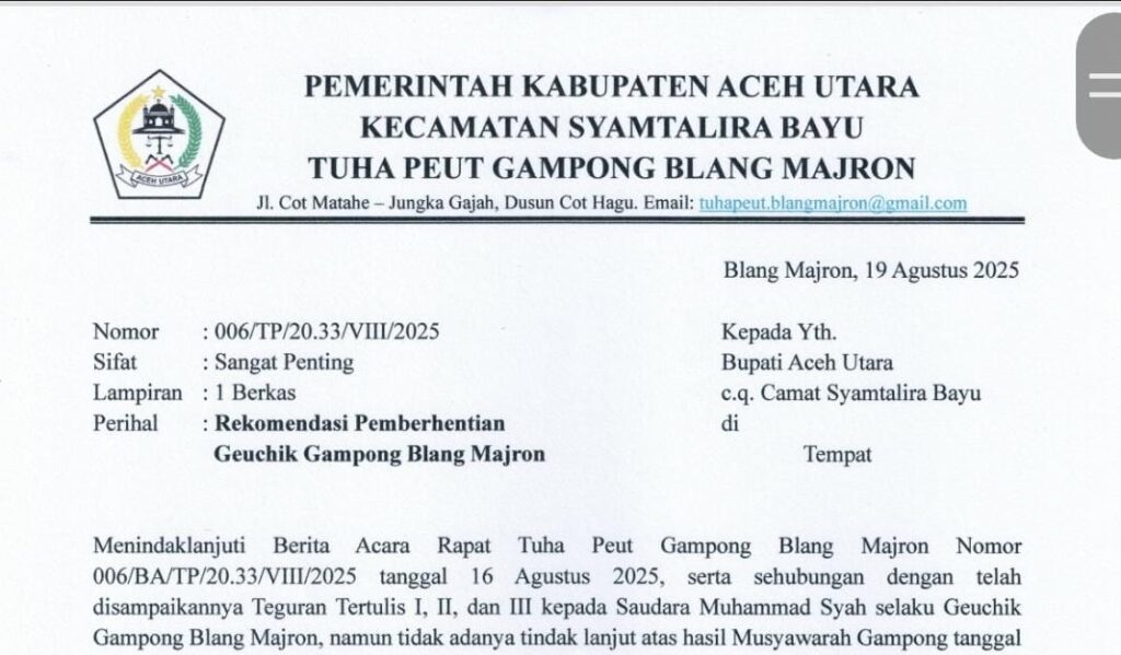 Tuha Peuet Minta Bupati Aceh Utara Berhentikan Geuchik Blang Majron