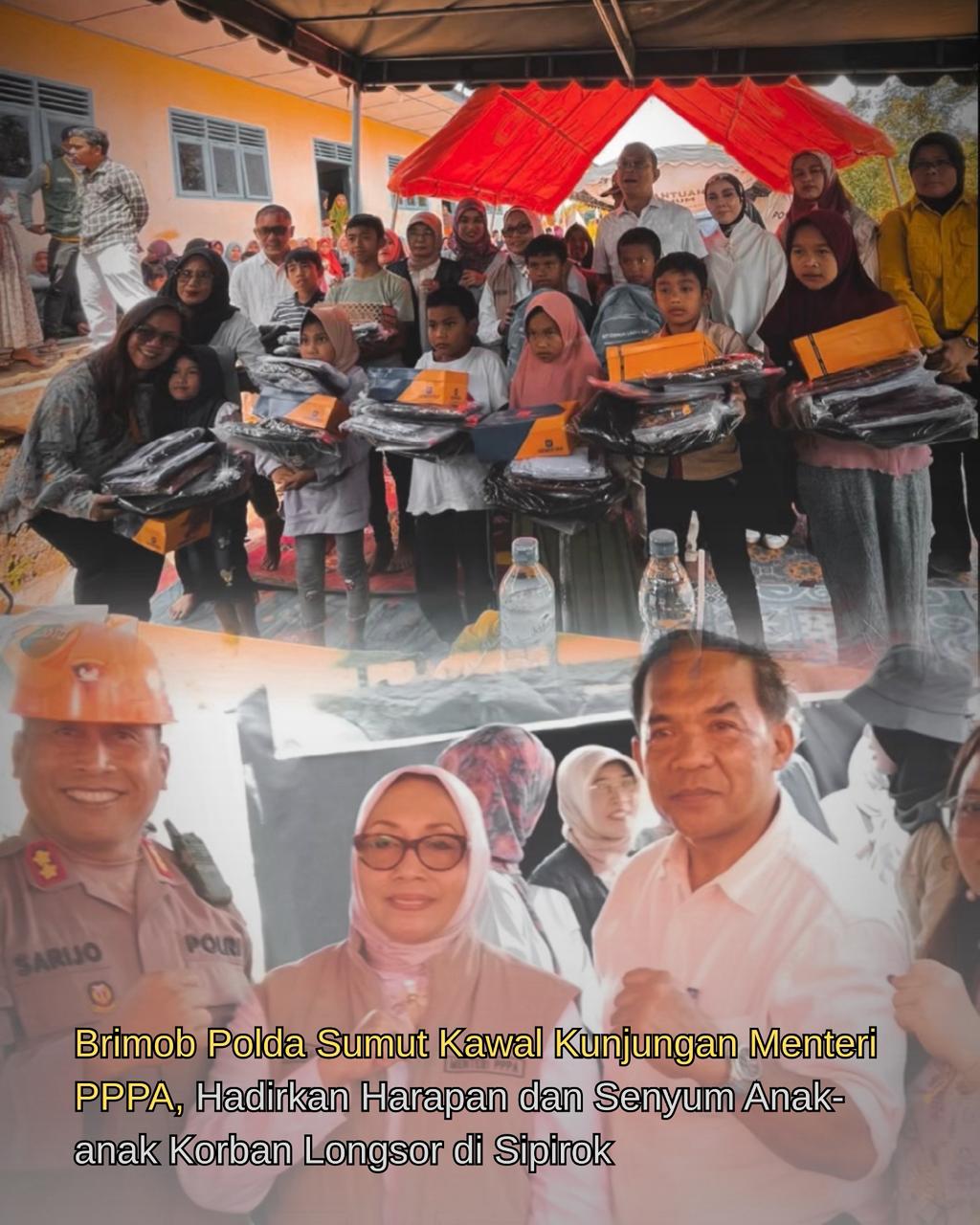 Brimob Polda Sumut Kawal Kunjungan Menteri PPPA, Hadirkan Harapan dan Senyum Anak-anak Korban Longsor di Sipirok