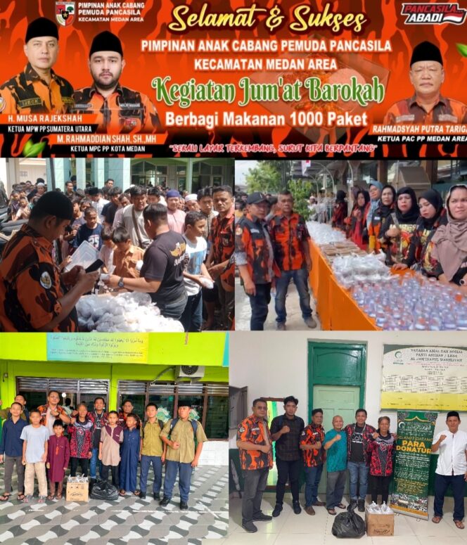 
					Tebar Kepedulian di Jum’at Berkah, PAC Pemuda Pancasila Medan Area Bagikan 1.000 Paket Makanan Untuk Jamaah dan Panti Asuhan